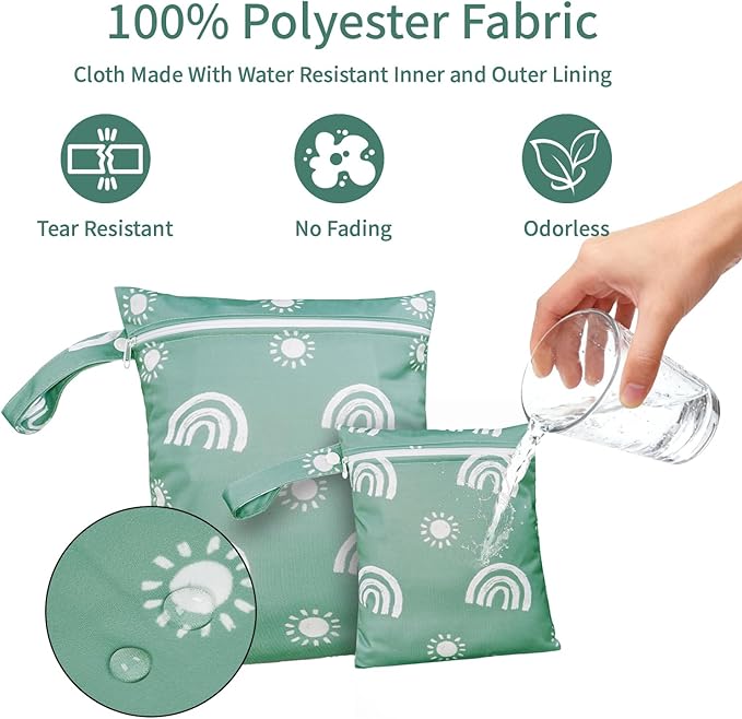 2 Pcs Wet Bags Waterproof Reusable Zippered Pocket Cloth Diaper Wet Dry Bags for Travel Beach Pool Swim, Baby Diapers,Gym Yoga Wet Clothes,Swimsuit,water wipes(Rainbow Green)