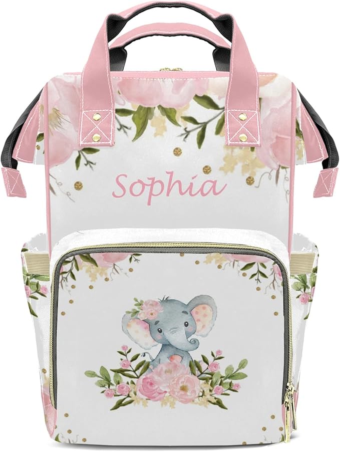 Pink Floral Elephant Mommy Bag for Baby Girl Custom Diaper Bag Backpack Waterproof Multi-Function Travel Camping Picnic Diaper Carrying Bag 10.8"x7.8"x15.7"