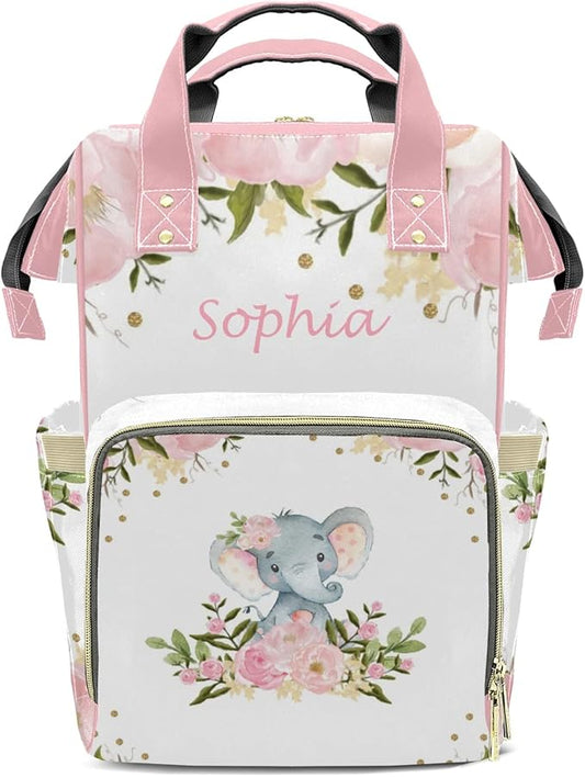 Pink Floral Elephant Mommy Bag for Baby Girl Custom Diaper Bag Backpack Waterproof Multi-Function Travel Camping Picnic Diaper Carrying Bag 10.8"x7.8"x15.7"
