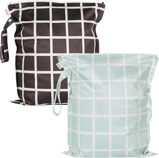 HECCEI Wet Dry Bag, 2-Pack Reusable Waterproof Wet Bags for Swimsuits & Baby Clothes, Leakproof Cloth Diaper Wet Bags for Travel & Diaper Changes (Soft Check)