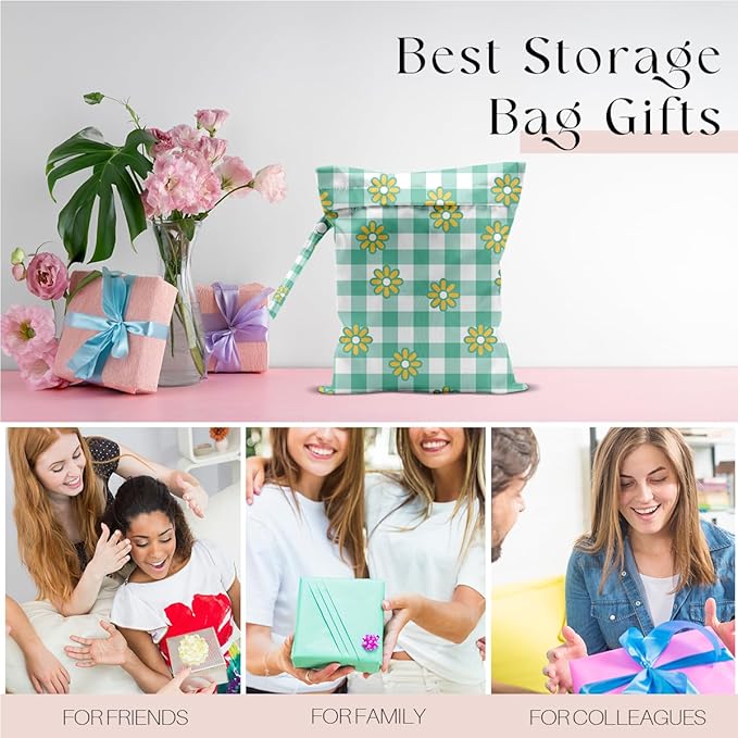 Wet Bag, Wet Dry Bag, Waterproof Swim Bags, Machine Washable Reusable Bags for Beach, Pool, Diapers, and Dirty Yoga Gym Clothes(Little Daisy & Green Gingham Design)