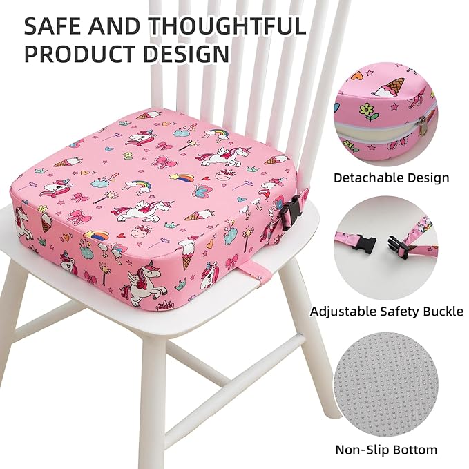 Eiury Toddler Booster Seat for Dining Table, Portable Kids Booster Seat with Safety Buckles Portable Increasing Booster Cushion with Non-Slip Bottom (Pink Unicorn)