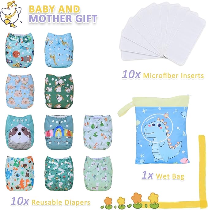 TDIAPERS Cloth Diaper Covers Reusable Washable Pocket Diapers One Size Adjustable for Baby 10 Pack with 10 Pcs Microfiber Inserts, 1 Wet Bag