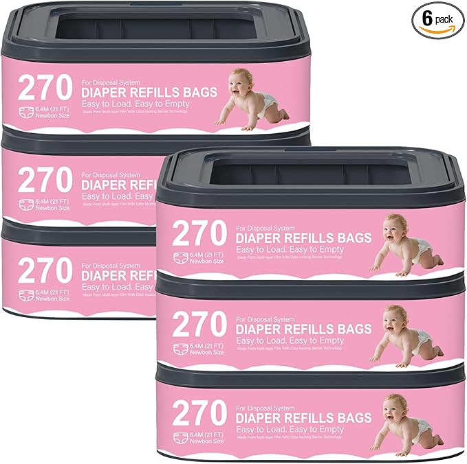 Standard Square Refills Disposal Bags Refill Compatible with Genie Diaper Compact, Select Pails (Not Fit Classic Version Pails), Hold Up to 270 Newborn-Sized Diapers Per Refill,6 Pack