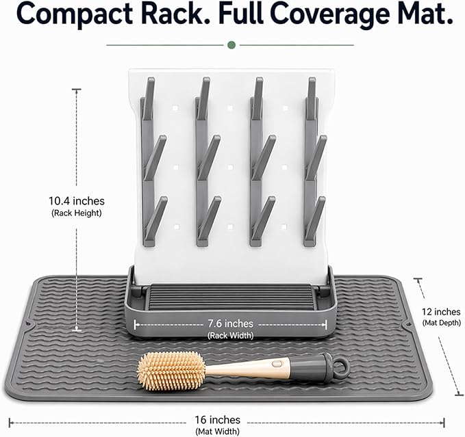 Baby Bottle Organizer and Drying Rack with Silicone Mat & Cleaning Brush - Space Saving Vertical Dryer for Breast Pump Parts, Bottles & Accessories - 12 Hooks, Removable Pacifier Box & Straw Holder