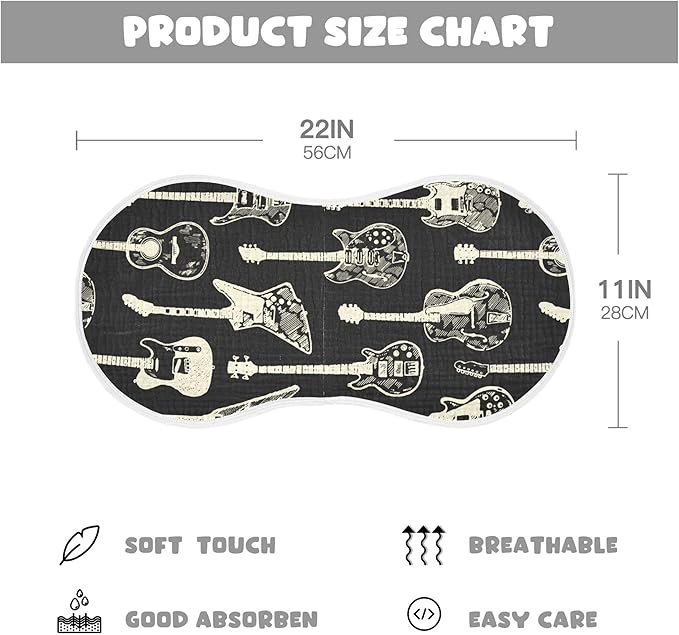 Black Guitar Music Burp Cloths Baby Boys Girls Absorbent Soft Cotton Burping Cloths Rags 1 Pack