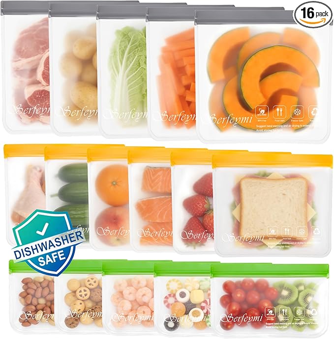 Serfeymi 16 Pack Reusable Gallon Freezer Bags Dishwasher Safe, Extra Thick Reusable Plastic Bags BPA Free, Leak Proof Food Storage Bags with 3 Sizes for Meat, Travel - 5 Gallon 6 Sandwich 5 Snack