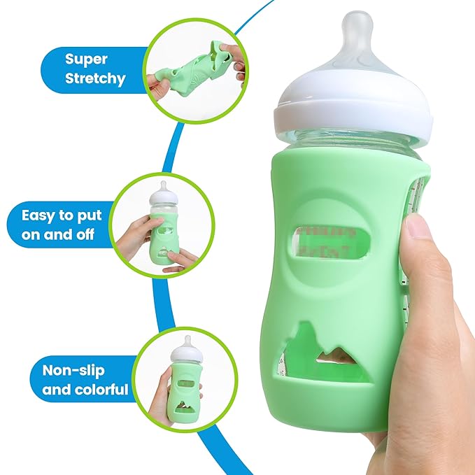 4 Pack Silicone Sleeves for Philips Avent Natural Glass Baby Bottles, Food Grade Silicone Cover and 4pcs Travel Caps, Lids Replacement (2White+1Blue+1Green, 8oz)