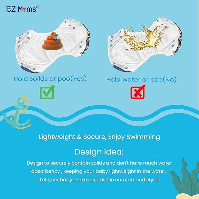 EZ Moms Baby Swim Diapers Reusable 2Pcs Large Size Snap Adjustable Washable One Size Toddler Swim Diaper with a Shammy Towel for Baby Boy Water Diaper Waterproof Swimming Diapers for Swimming Lessons