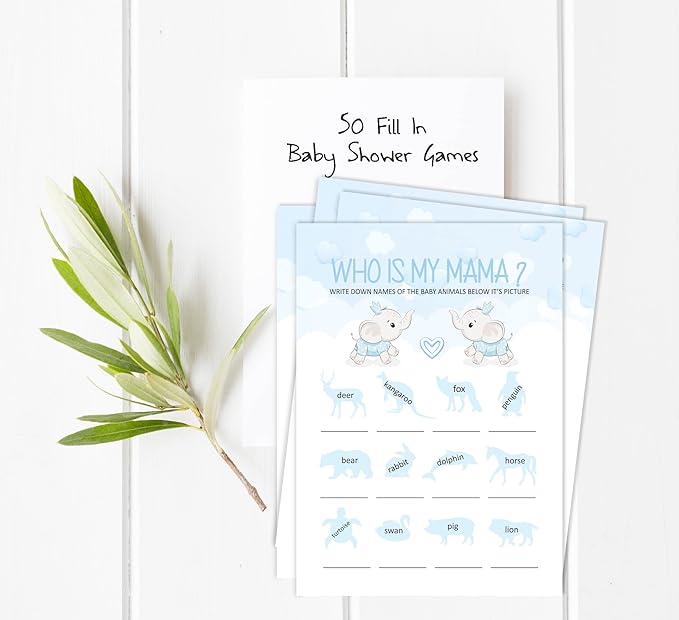 Pack of 50, Boy/Girl Baby Shower Party Collection, Who Is My Mama? Baby Shower Party Games, Activities, Decorations, Baby Elephant Theme Party Supplies