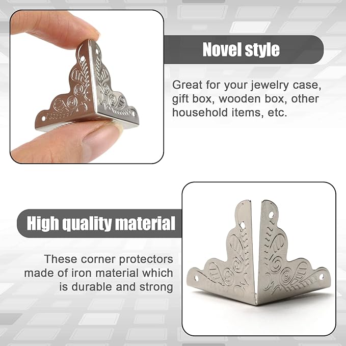 50Pcs Stair Dust Corner (0.98in/25mm) - Dust Catchers for Edge, Vintage Metal Corner Cover with Screws, Antique Silver Decorative Protectors for Walls Baseboards Jewelry Box Cabinets Table
