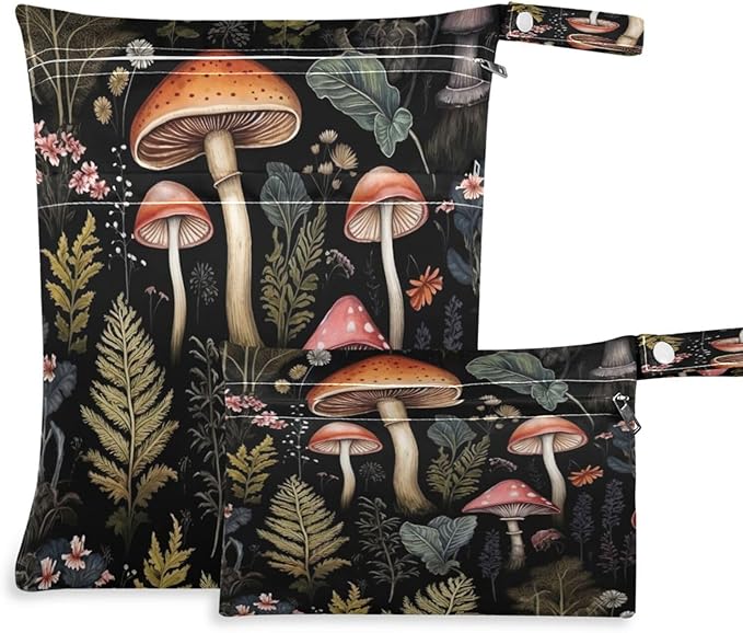 2 Pack Mushrooms Black Cloth Diaper Wet Dry Bags,Waterproof Reusable Wet Bag with Two Zipper Pockets& Handle,Washable for Swimming,Travel,Beach,Pool or Wet Clothes