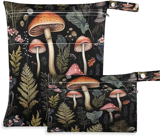 2 Pack Mushrooms Black Cloth Diaper Wet Dry Bags,Waterproof Reusable Wet Bag with Two Zipper Pockets& Handle,Washable for Swimming,Travel,Beach,Pool or Wet Clothes