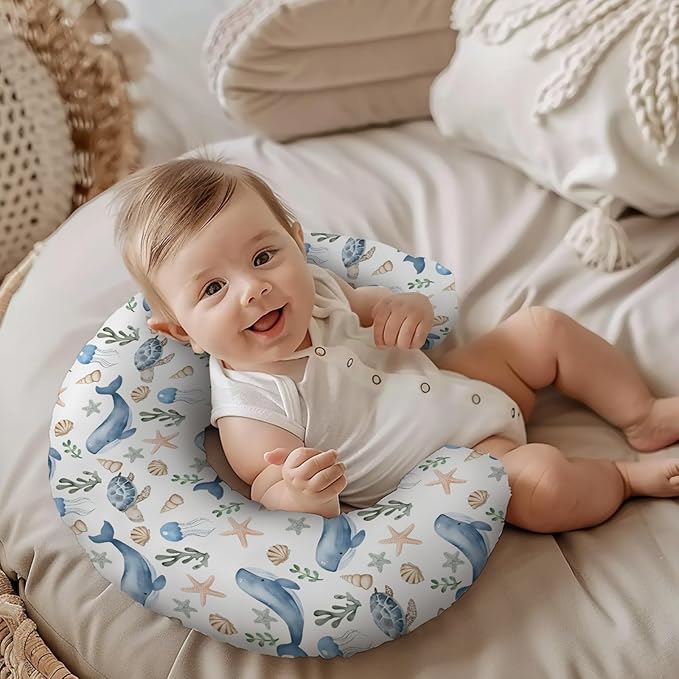 Watercolor Ocean Whale Sea Turtle Starfish Seashells Pattern Nursing Pillow Cover, Unisex Removable Breastfeeding Pillowcase Slipcover for Baby Girls Boys Newborns Toddlers, Cover Only