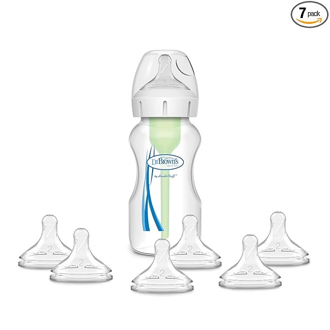 Dr. Brown’s Natural Flow® Anti-Colic Options+™ Wide-Neck Baby Bottle, 9 oz/270 mL, Level 1 Nipple, 1-Pack, 0m+ with 6-pack Level 2 Nipples