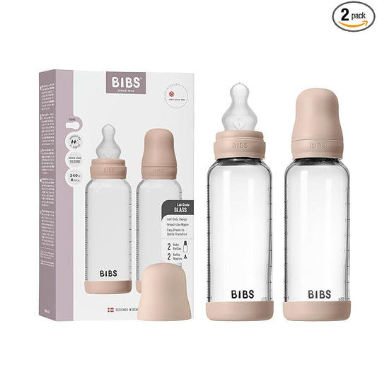 BIBS Glass Baby Bottles 2-Pack, 8.1 Oz. Anti-Colic System for Gas Reduction. Vented Round Silicone Nipple. Supports Infant and Newborn Breastfeeding - 240 ml (Pack of 2), Blush
