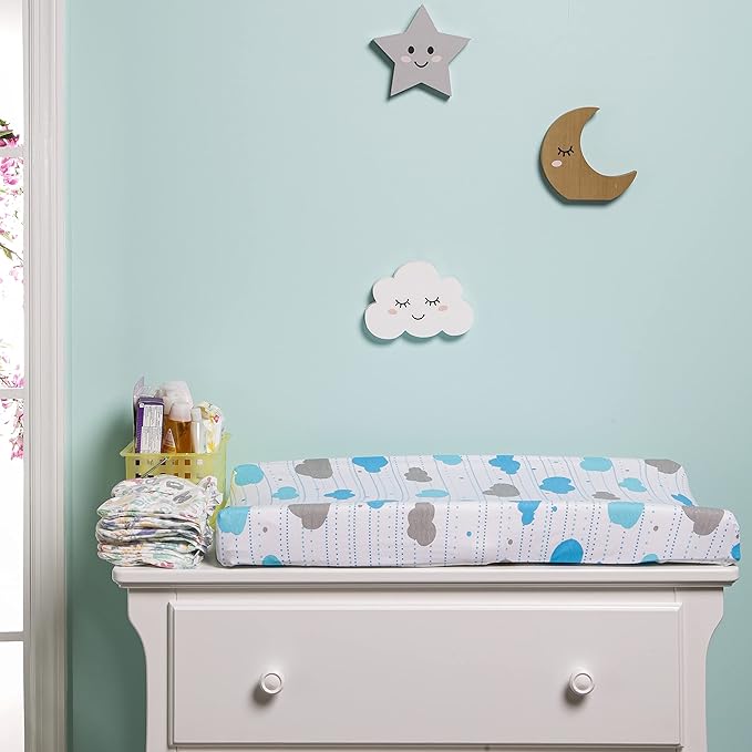 EVERYDAY KIDS 2 Pack Baby Changing Pad Covers for Baby Boy – Fits Most Changing Table Pads; 100% Cotton Jersey Knit, Breathable, Soft Changing Table Topper - Blue, White Stars + Blue, Gray Clouds