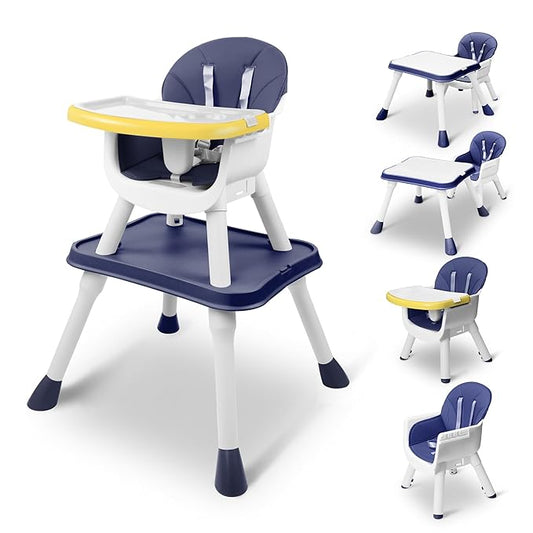 High Chairs for Babies and Toddlers, 5-in-1 Convertible Baby High Chair to Booster Seat with Removable Tray, Kids Learning and Building Block Activity Table with Safety Harness, Blue