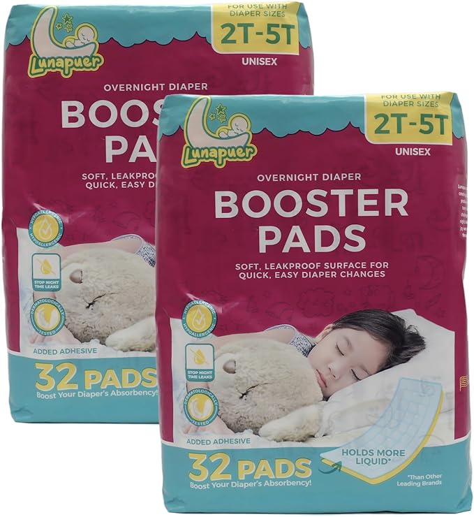 Diaper Booster Pads Overnight, Stop Leaks Nighttime, Overnight Diaper Liners for Baby, Toddler, Boys & Girls, Adhesive Diaper Inserts, Size 5 Diapers and up, 64 ct (2 Packs)