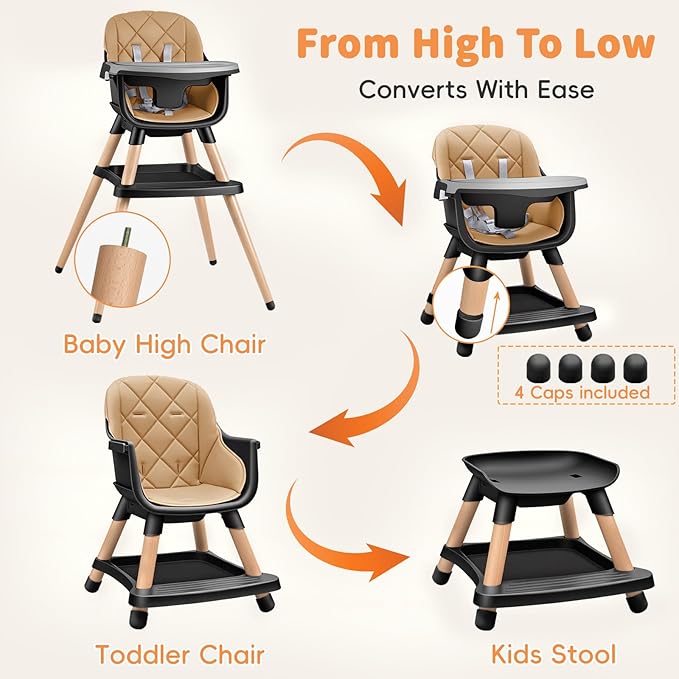 Babyliebe Baby High Chair, 8 in 1 Convertible Wooden High Chair for Babies and Toddlers, Converts to Booster Seat, Toddler Chair & Stool, with Removable Double Tray, Adjustable Legs & Footrest (Brown)