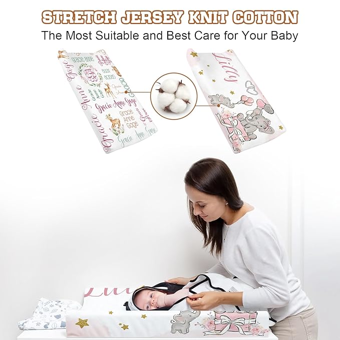 Personalized Baby Changing Pad Cover - 2 Piece Baby Pee Pad Cover Nursery Bedding with Name Portable Pink Elephant Diaper Changing Pad Gifts for Infant