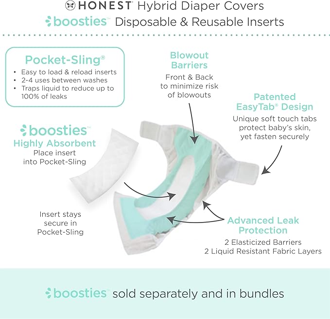 Honest Hybrid Cloth Diaper Cover + Super Boosties Disposable Inserts 30ct + Reusable Inserts, Medium (12-25 lbs), Cotton Muslin Honest Covers Feature Pocket-Sling, Starter Kit