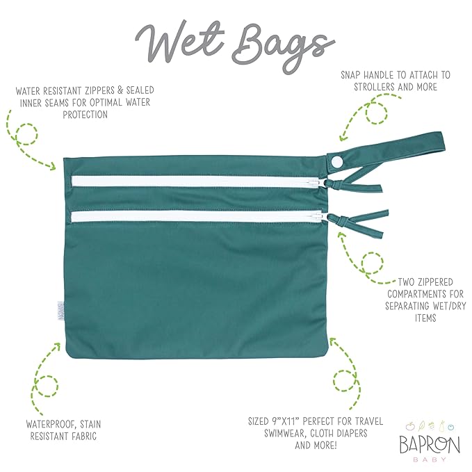 BapronBaby Minimalist Pine Wet Dry Bag - Waterproof Two Zipper Pockets - Reusable for Mealtime, Diapers, Stroller, Snacks, Swimsuits - Machine Washable - 11" x 9"