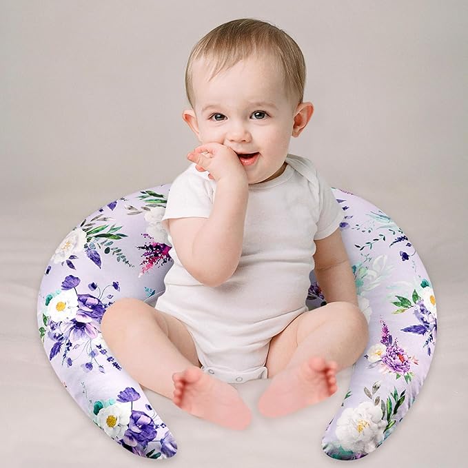 Floral Nursing Pillow Cover, Soft Breastfeeding Pillow Cover Purple, Removable Nursing Covers for Breastfeeding Pillows, Comfortable Slipcover for Baby Girl (Only Case)