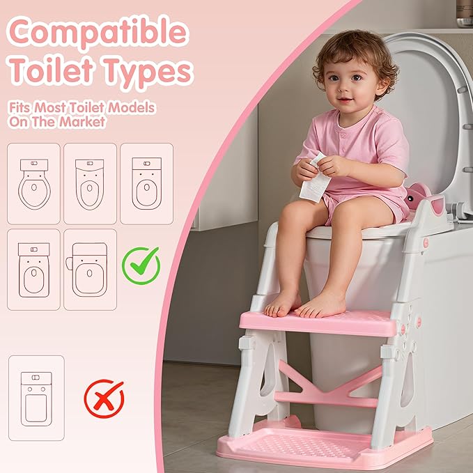 Potty Training Seat, 2 in 1 Potty Training Toilet with Step Stool for Boys Girls, Toddler Toilet Seat with Stabilizer Crossbar, Anti-Slip Pads and Splash Guard, Pink