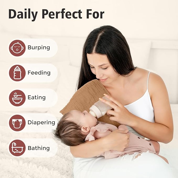 Maliton Muslin Burp Cloths 100% Cotton 20" x 10", 6 Layer Absorbent for Baby Drool and Mess - Non-Irritating & Breathable Baby Burp Cloths for Boys & Girls (Brown and White)