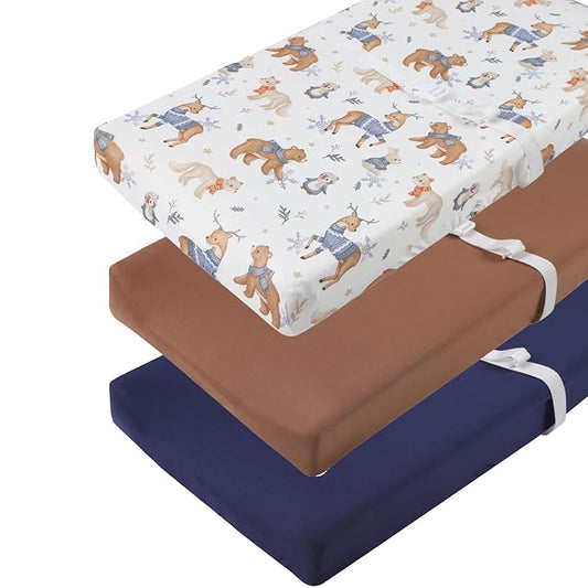Changing Pad Cover Set 3 Pack Jersey Knit Ultra Soft for Baby Boys Girls Dark Blue/Brown/Bear Deer