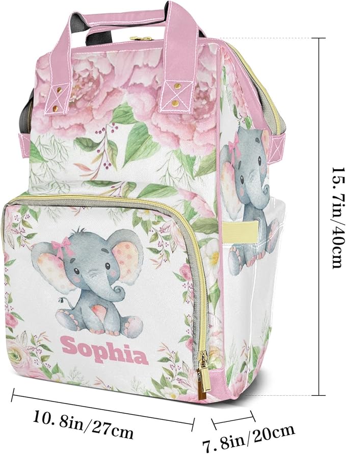 Pink Rose Elephant Diaper Bag Backpack Tote Custom with Name Multifunction Waterproof Travel Back Pack Diaper Bag Gifts Backpack for Men Women 10.8"x7.8"x15.7"