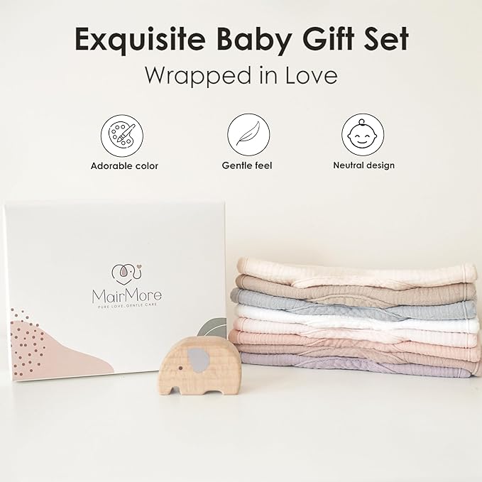 MairMore 8-Pack Baby Muslin Bibs, Soft Cotton Drool Bibs for Boys Girls, Adjustable and Absorbent Newborn Bib Set for Feeding and Drooling