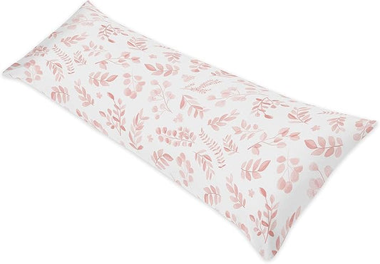Sweet Jojo Designs Blush Pink and White Floral Leaf Body Pillow Case Cover Boho Chic Bohemian Watercolor Botanical Flower Woodland Tropical Garden Leaves Pastel Light Pink Nature - Pillow Not Included