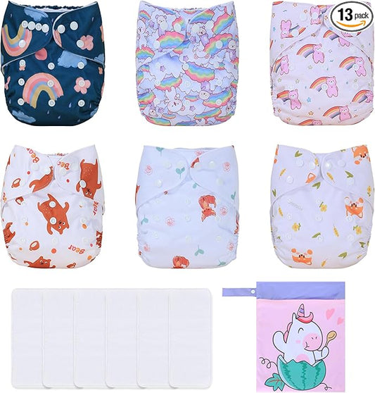 TDIAPERS Cloth Diapers Reusable Washable Pocket Diapers Cover One Size Adjustable for Baby Snaps Cloth Diapers Nappy 6 Pack with 6 Pcs Microfiber Inserts,1 Wet Bag