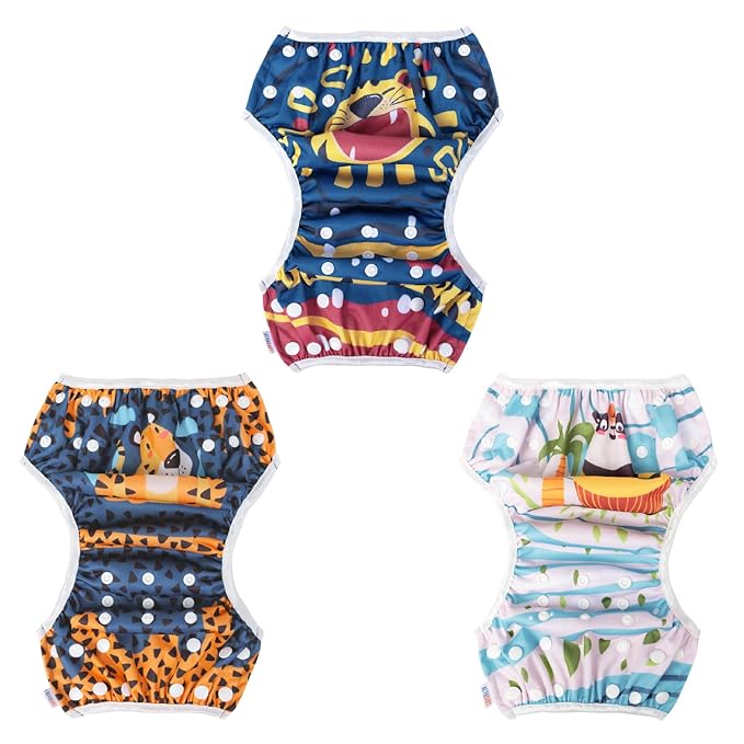 ALVABABY 3 Pack Swim Diapers, Baby/Toddler/Infant Snap Adjustable Reusable Swim Diaper Baby Gift for Boy and Girl Small 3SWY42