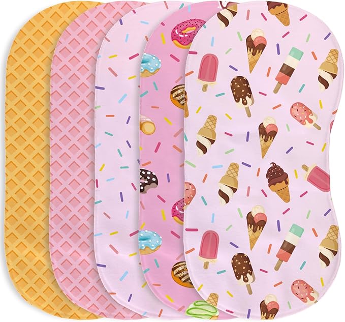 5 Pack Baby Burp Cloths for Girls, Soft Cotton, Pink Ice Cream Theme Design, Super Absorbent Baby Burping Cloths for Newborns, Machine Washable and Reusable Baby Spit-Up Cloths