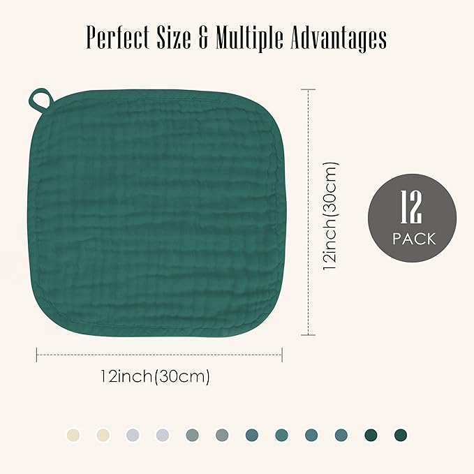 Baby Washcloths -100% Cotton Muslin Soft Baby Bath Wash Cloths and Absorbent Baby Wipes for Newborns Kids Girls and Boys - 12 Pack, 12x12 Inches - Ivory, Slate, Emerald Series