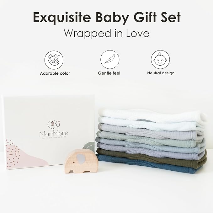 MairMore 8-Pack Baby Muslin Bibs, Soft Cotton Drool Bibs for Boys Girls, Adjustable and Absorbent Newborn Bib Set for Feeding and Drooling