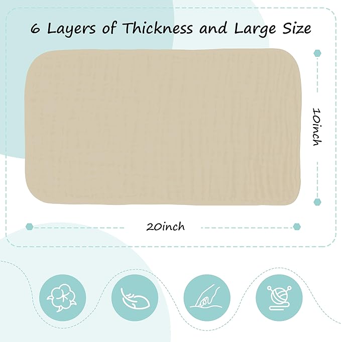 HIPHOP PANDA 10 Pack 6-Layers Muslin Burp Cloths Large - Durable 100% Cotton - Extra Absorbent and Soft Boys & Girls Rags for Newborn Registry (Ivory+Brown+Green+Grey+Slate, 20" X10")