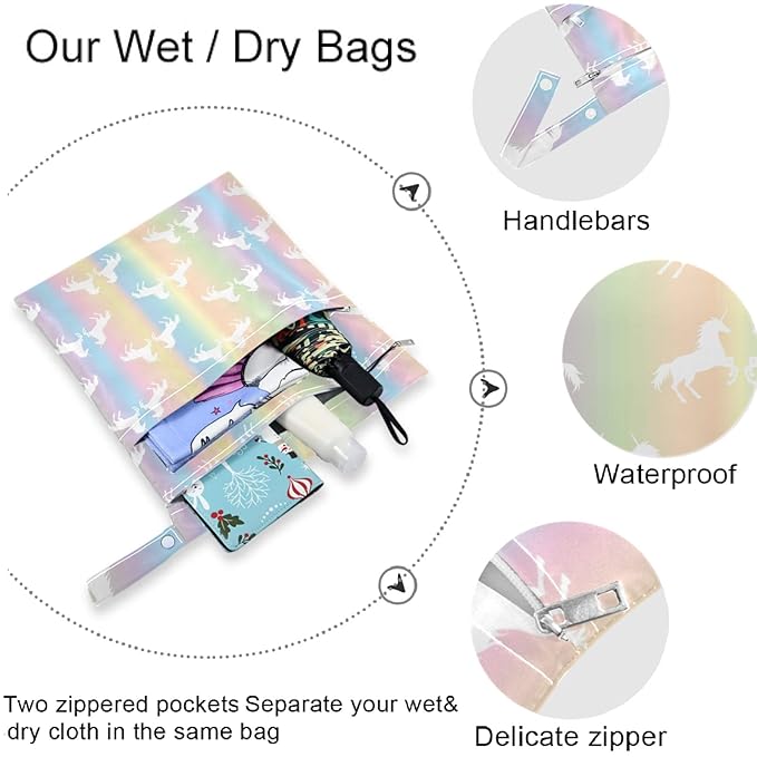 visesunny White Unicorn Colorful Rainbow 2Pcs Wet Bag with Zippered Pockets Washable Reusable Roomy for Travel,Beach,Pool,Daycare,Stroller,Diapers,Dirty Gym Clothes, Wet Swimsuits, Toiletries