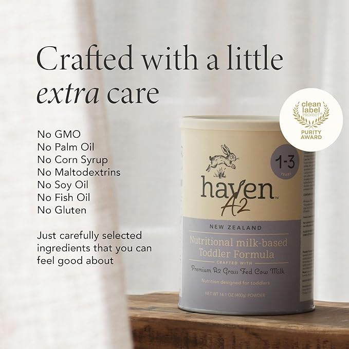 Haven A2 Cow Toddler Formula, Grass Fed Cow Milk Powder for Toddlers With Protein Probiotics, Prebiotics, Lutein and Omega 3 Dha, Easy Digestion Formula, Non GMO, American Made, 14.1 Oz (6 Pack)