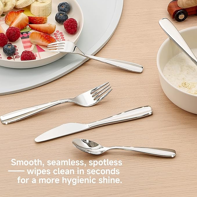 KINGSTONE Kids Silverware Set 3 Pieces, 18/10 Stainless Steel Kids Utensils, Children Safe Fork, Spoon & Knife, Food-Grade, Mirror Polished, Dishwasher Safe for Daily Use