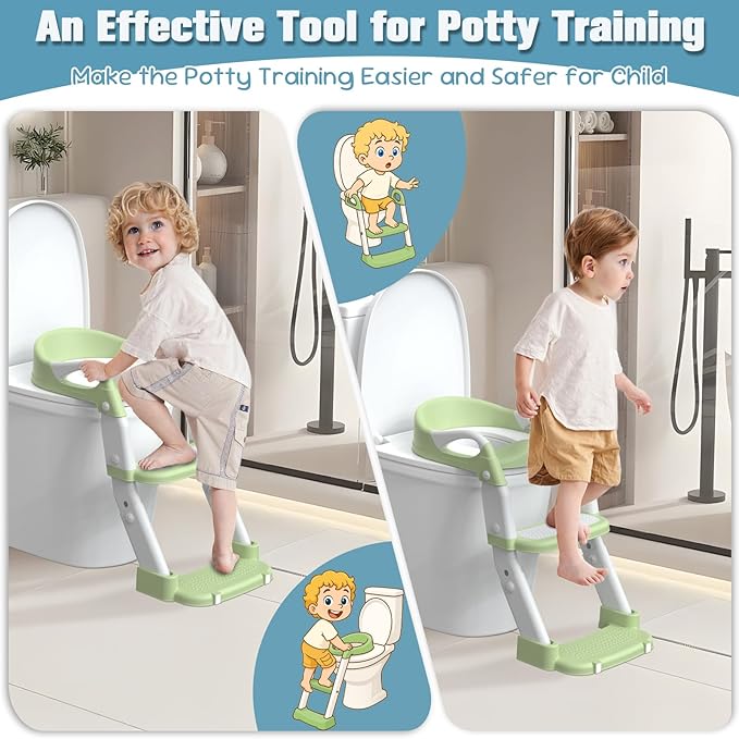 Potty Training Seat, Toddler Potty Training Toilet with Step Stool Ladder for Kids Boys Girls, 3 in 1 Foldable Toilet Seat Potty Chair with Urinals, Splash Guard, Handles, Anti-Slip Pad,Green