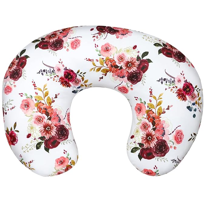 SWESEN Floral Nursing Pillow Cover for Baby Girl, Soft Organic Breastfeeding Pillow Slipcover, Burgundy Watercolor Flower