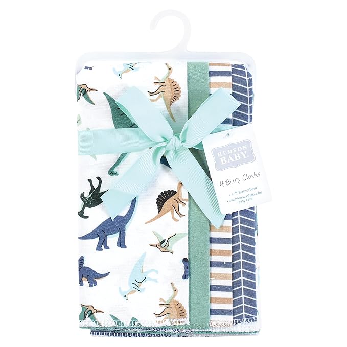 Hudson Baby Unisex Baby Cotton Flannel Burp Cloths 4-Pack, Dino Friends, One Size