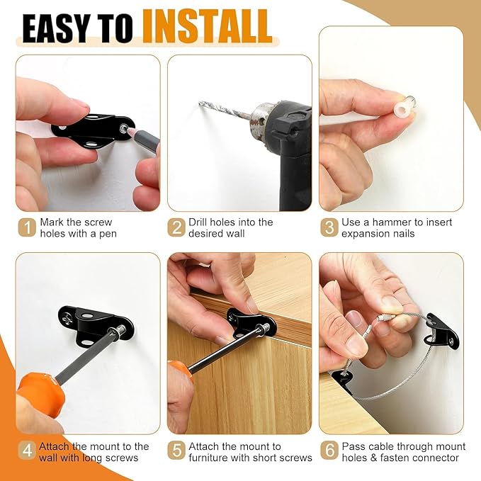 6-Pack Furniture Anchors for Baby Proofing, Anti Tip Straps Safety Kit to Prevent Dresser, Bookshelf, Cabinet from Tipping Over for Child & Pet Safety (Black)
