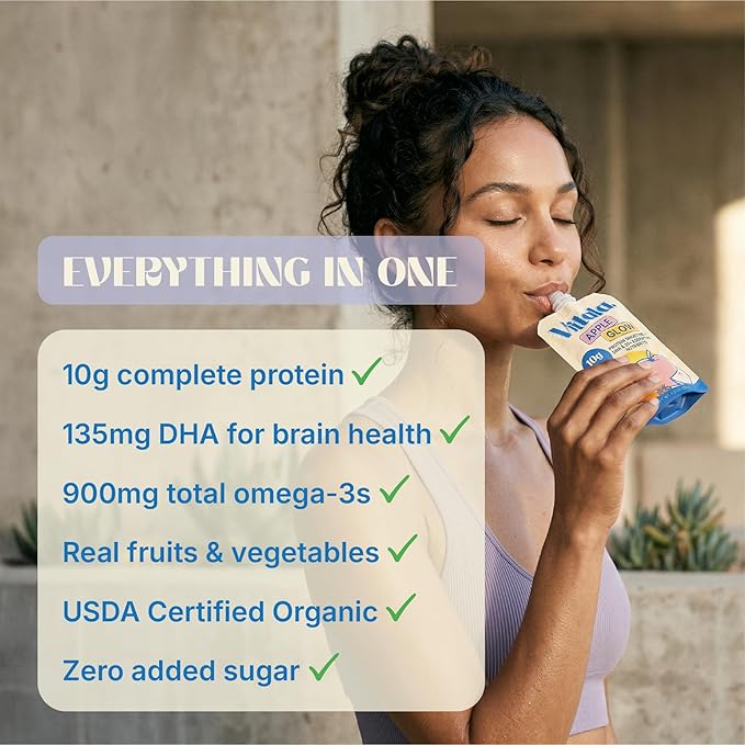 Vitala Organic Protein Smoothie Pouches for Kids & Adults, 10g Plant Protein, 135mg DHA 900mg Omega-3, Real Vegetables, No Added Sugar, Allergen Free, Ivy League Developed, 10 Count (Pacific Berry)