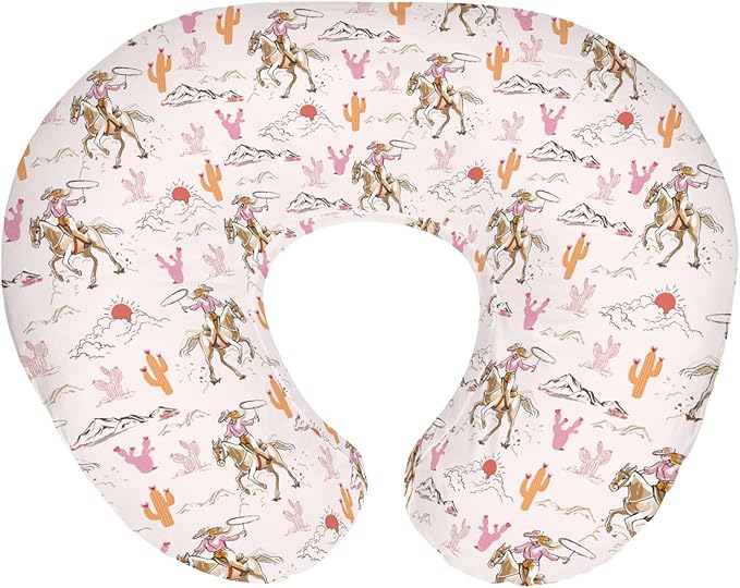 Cute Pink Cowgirl Nursing Pillow Covers for Girl Western Cowgirls Horse Cactus Mountain Sunset Nursery Slipcovers for Breastfeeding Pillows Wild West Desert Soft Stretchy Cover for Newborn Infant
