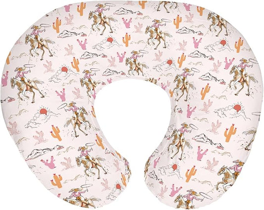 Cute Pink Cowgirl Nursing Pillow Covers for Girl Western Cowgirls Horse Cactus Mountain Sunset Nursery Slipcovers for Breastfeeding Pillows Wild West Desert Soft Stretchy Cover for Newborn Infant